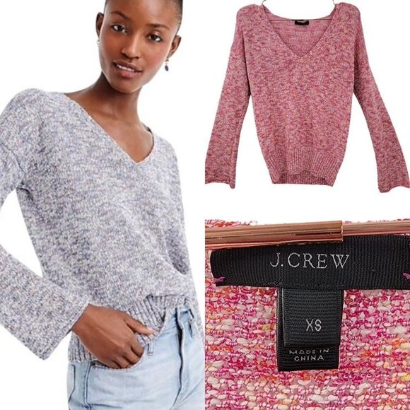 J. Crew Womens XS Pink Flared Sleeve Marled V Neck Sweater - Picture 2 of 6